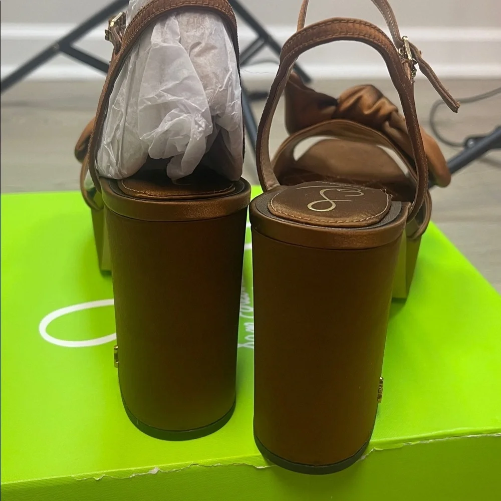 NEW Sam Edelman Julieta Platform Block Heel Sandals in Mocha Camel Satin